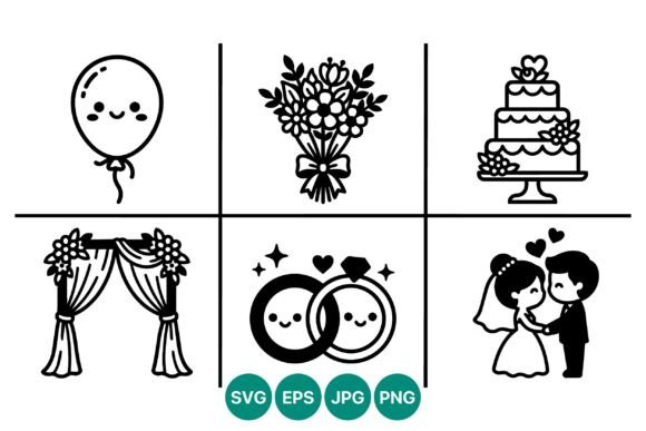 Cute Black and White Wedding Icons: Essential Line Art for Modern Design