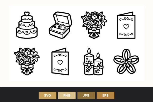 Elegant Line Art: Wedding Cake Rings Bouquet Card Icons