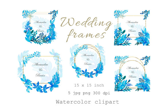 Elegant Watercolor Wedding Frames in Gold and Blue