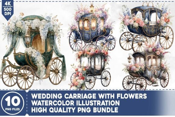Elegant Wedding Carriage with Flowers PNG Bundle