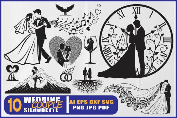 Elegant Wedding Couple Silhouette SVG Set for Designers