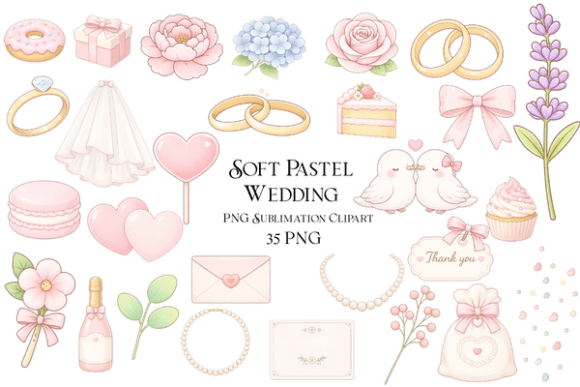 Elevate Your Projects with Soft Pastel Wedding Clipart PNG Set
